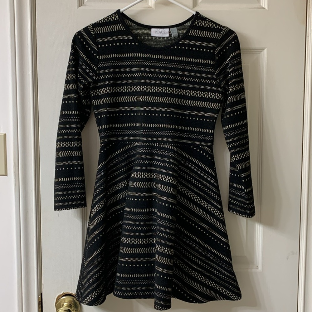 🌷3 for$25🌷Place, US 10/12 (Girls), Black White & Gold Stripe Fit & Flare Dress